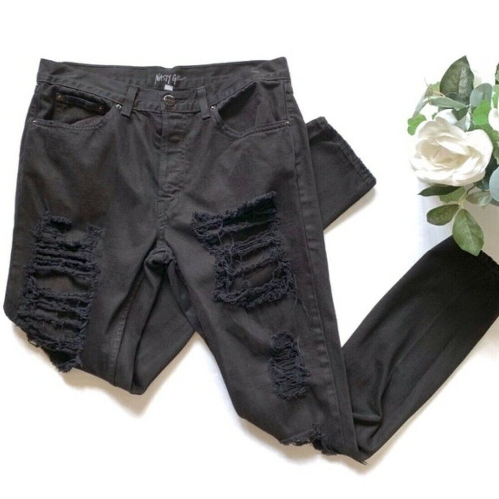Nasty Gal High Rise Skinny‎ Jeans Black Distressed Ripped Size 27